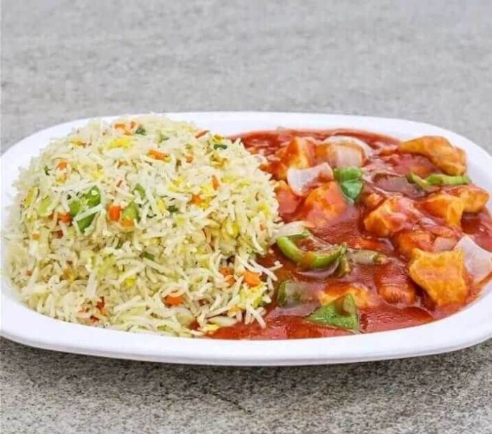 CHICKEN MENCHORIAN WITH RICE